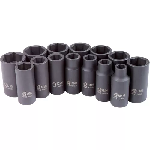 3/8" Drive Metric 6 Point Mid-Depth 14-Piece Impact Socket Set