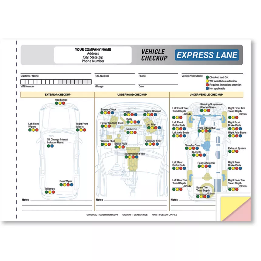 Custom Imprinted Generic Express Lane Vehicle Check-Up Form