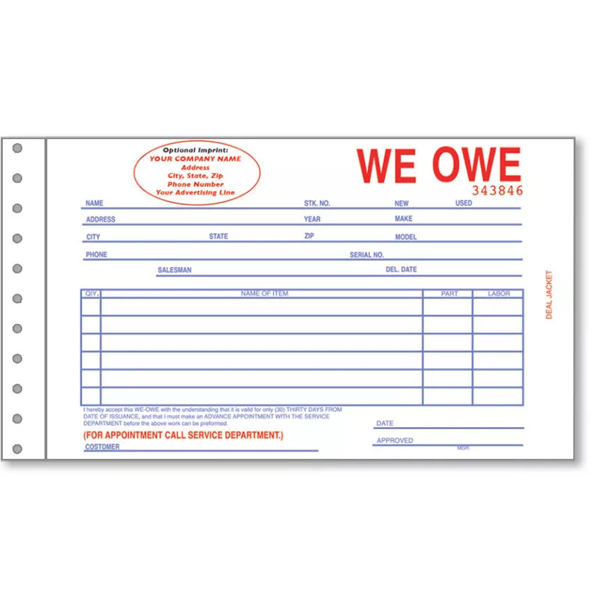 Custom Imprinted R & R Compatible We Owe Forms