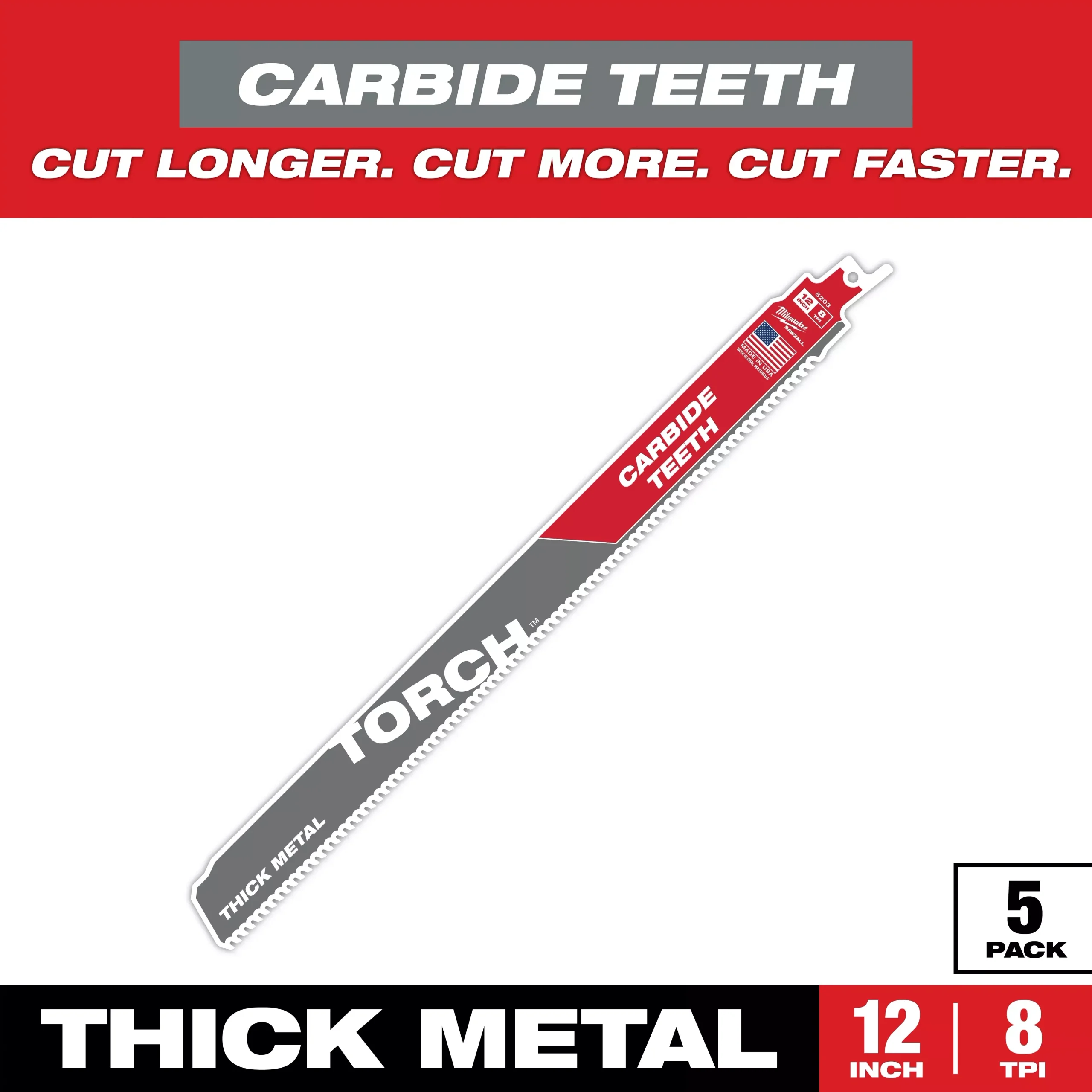Milwaukee 12″ 8 TPI TORCH™ with Carbide Teeth for Thick Metal SAWZALL Blade (5 PK)