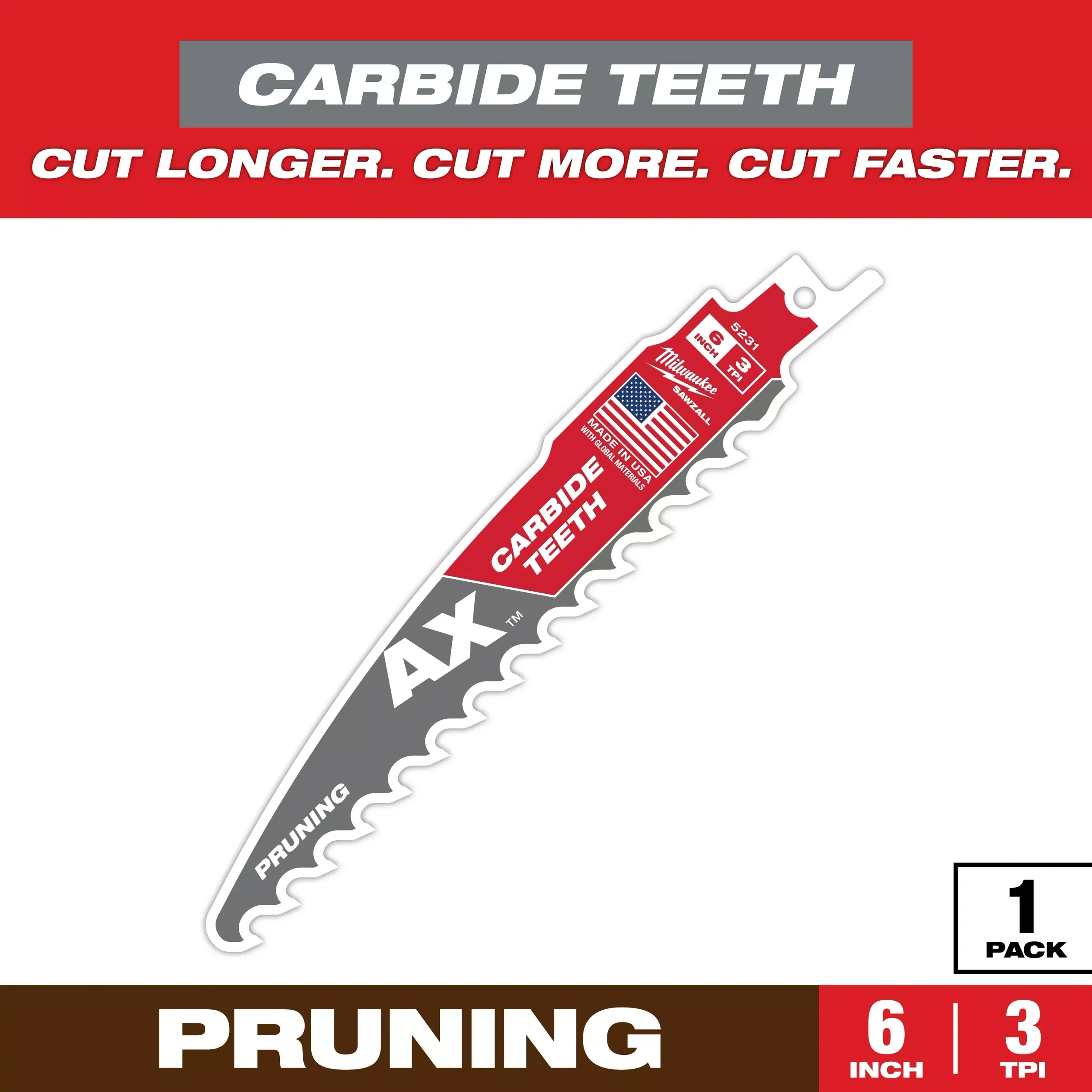 Milwaukee 6″ 3 TPI AX™ with Carbide Teeth SAWZALL Blade for Pruning (1 PK)