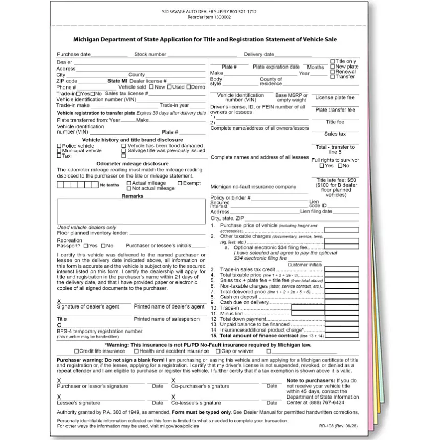 State of Michigan Registration Form MV RD-108 (rev. 01/23)