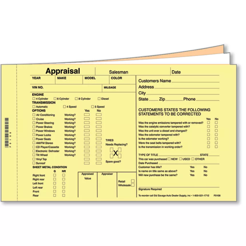 Vehicle Apparaisal Forms 5″ x 8″